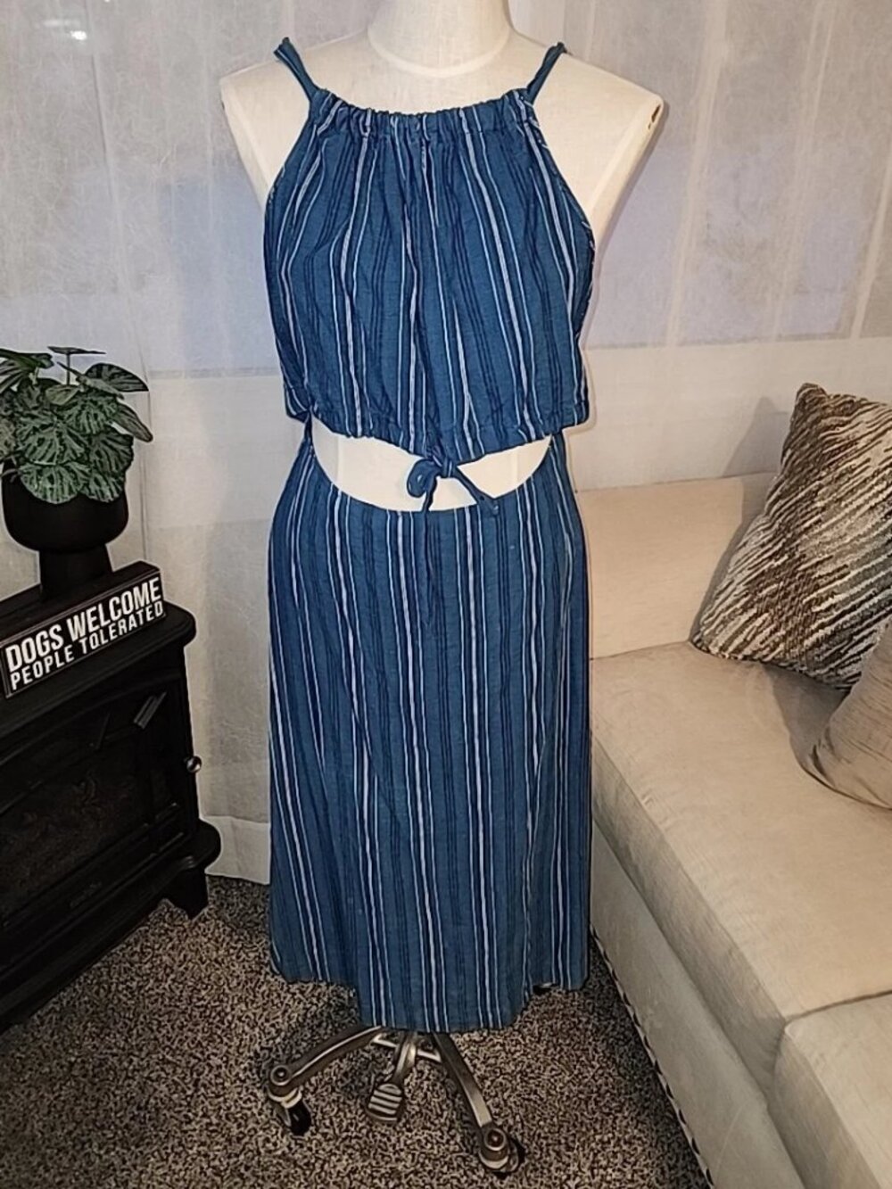 Madewell Women Dress 10 Blue white stripe Pull On Midi cutout
